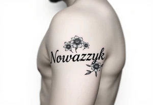 The word "Nowaczyk" with three flowers on the lower tricep, medium size tattoo idea