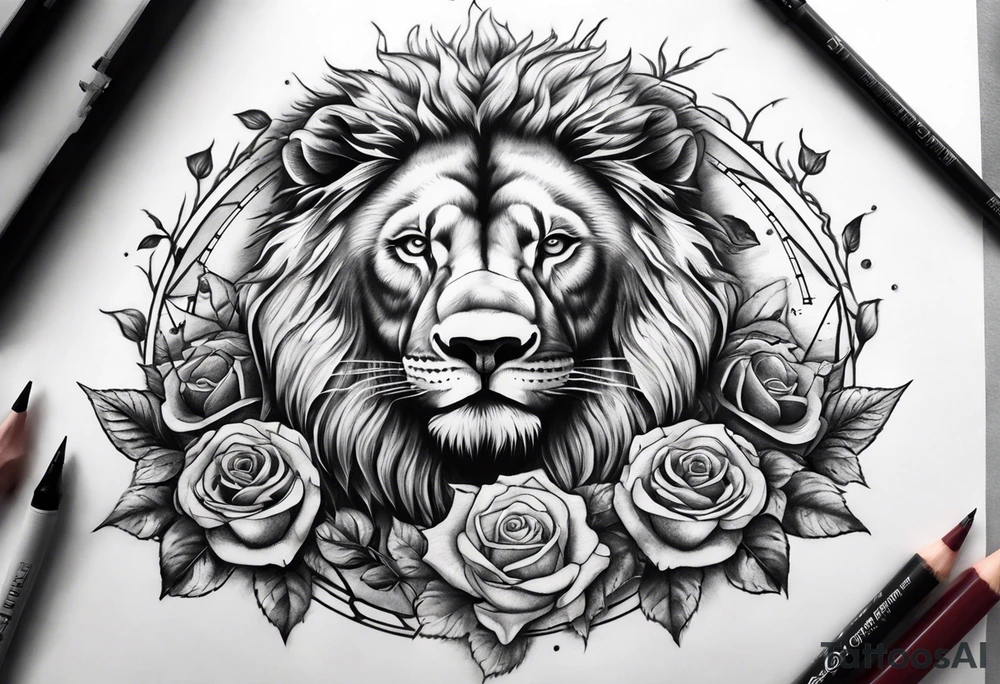 Rose on hand leading into clock bear lion tattoo idea
