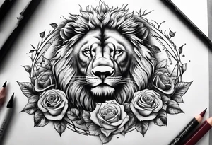 Rose on hand leading into clock bear lion tattoo idea