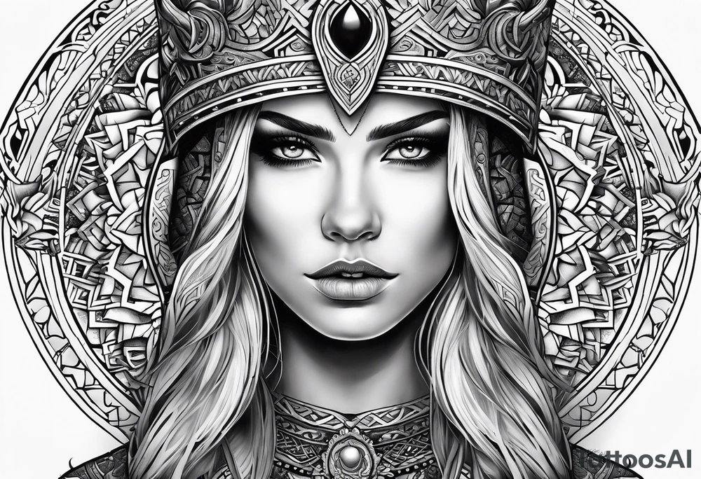Viking, feminine warrior, mandala, bedroom eyes, headshot tattoo idea