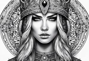 Viking, feminine warrior, mandala, bedroom eyes, headshot tattoo idea