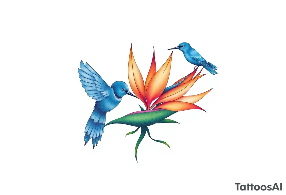 Bird of paradise flower with blue bird tattoo idea