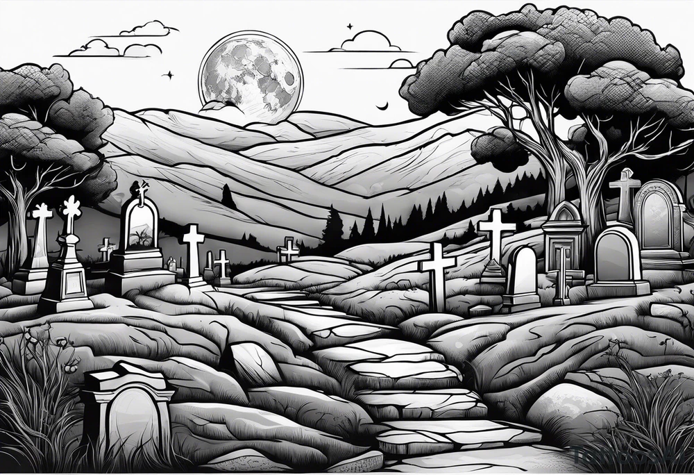 Cemetery on hills with smoke and moon tattoo idea