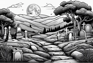 Cemetery on hills with smoke and moon tattoo idea