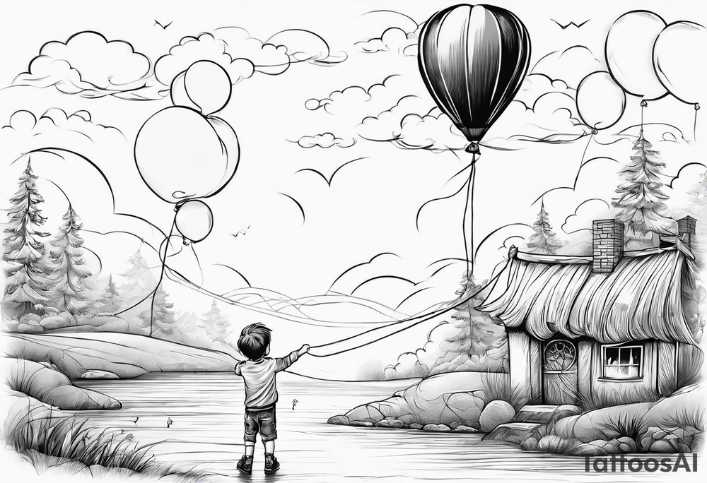 tatoo in sketch style only.
A little boy is holding a string to the hearth shaped small party baloon.
boy should be drawed from behind and has one hand reaching up in 45 degree angle and holding the baloon string
On the string is a wave which look like a hearbeat pulse.
draw it without any scenery, without any background. Just a boy 
Add heartbeat pulse on the string tattoo idea