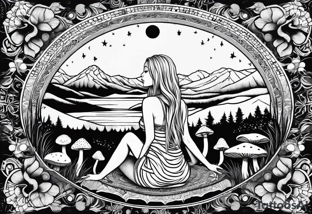 Straight blonde hair girl meditating facing away toward mountains surrounded by mushrooms crescent moon mandala circular design black and white striped dress tattoo idea