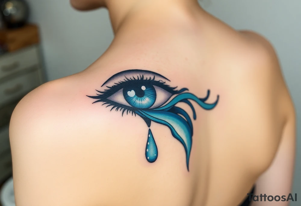 Teary eye with a dripping teardrop morphing into a flowing river, with gentle blue gradients tattoo idea