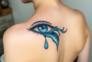 Teary eye with a dripping teardrop morphing into a flowing river, with gentle blue gradients tattoo idea