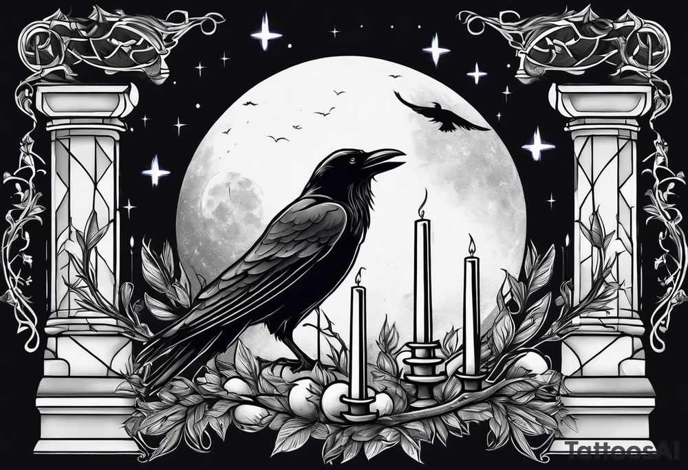 Half upper sleeve. Raven on a branch with candles and headstones and a moon in the background tattoo idea