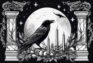 Half upper sleeve. Raven on a branch with candles and headstones and a moon in the background tattoo idea