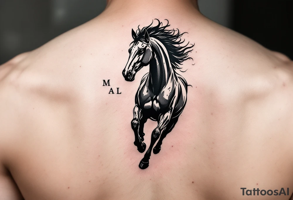 horse silhouette 
from the front which gallops from the front, with the 3 small letters discreetly integrated: M, A, L tattoo idea