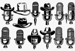 Old school broadcast microphone with cowboy hat on top tattoo idea