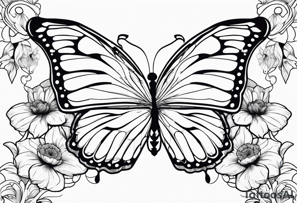 Create a black and white fine line tattoo design of a monarch butterfly, with poppy flowers exclusively inside the top halves of the wings. The butterfly’s wings should act as a frame for the flowers, clearly showing the flowers within the outline of the wings. The design should feature minimalistic and elegant lines, with intricate details on the flowers, while the bottom halves of the wings should remain simple to highlight the top sections. tattoo idea