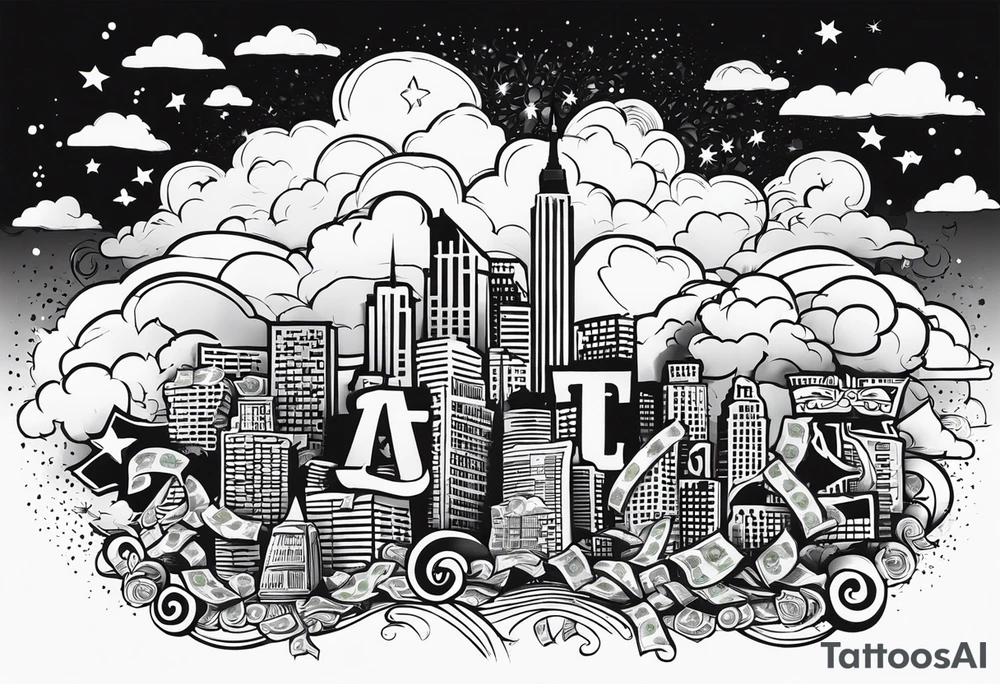 AYEOH across the sky with clouds and wads of cash tattoo idea