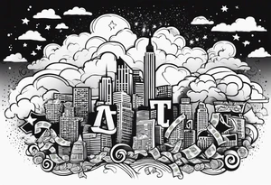 AYEOH across the sky with clouds and wads of cash tattoo idea