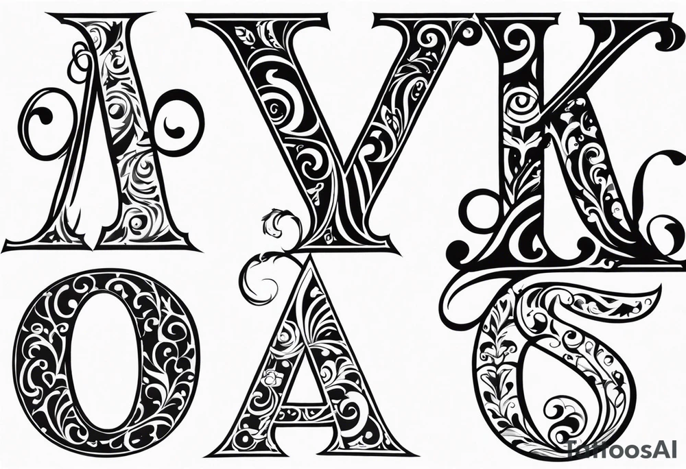 5 iniciales de nombres entrelazadas, una V, una S, una A y tres Jotas tattoo idea