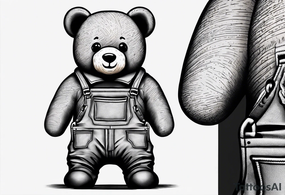 the back of a standing teddy bear wearing overalls tattoo idea