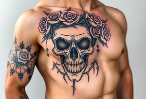 ornate skull adorned with crown of wild roses and thorns tattoo idea