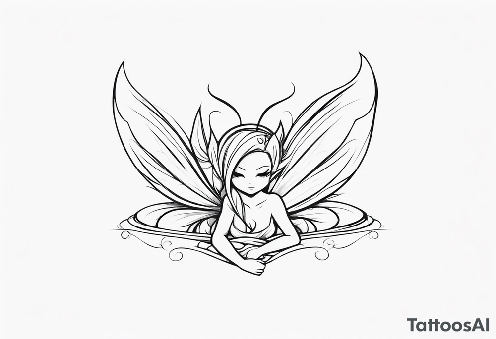 A fairy with a tail inspired by the logo of the show called Fairy Tail in a fetal position leaning in tattoo idea