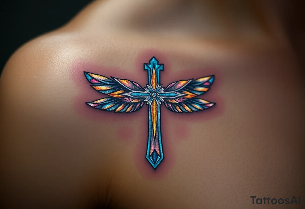 A glowing silver cross with floating feathers, each reflecting hints of pink, blue, and soft gold tattoo idea