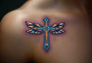 A glowing silver cross with floating feathers, each reflecting hints of pink, blue, and soft gold tattoo idea