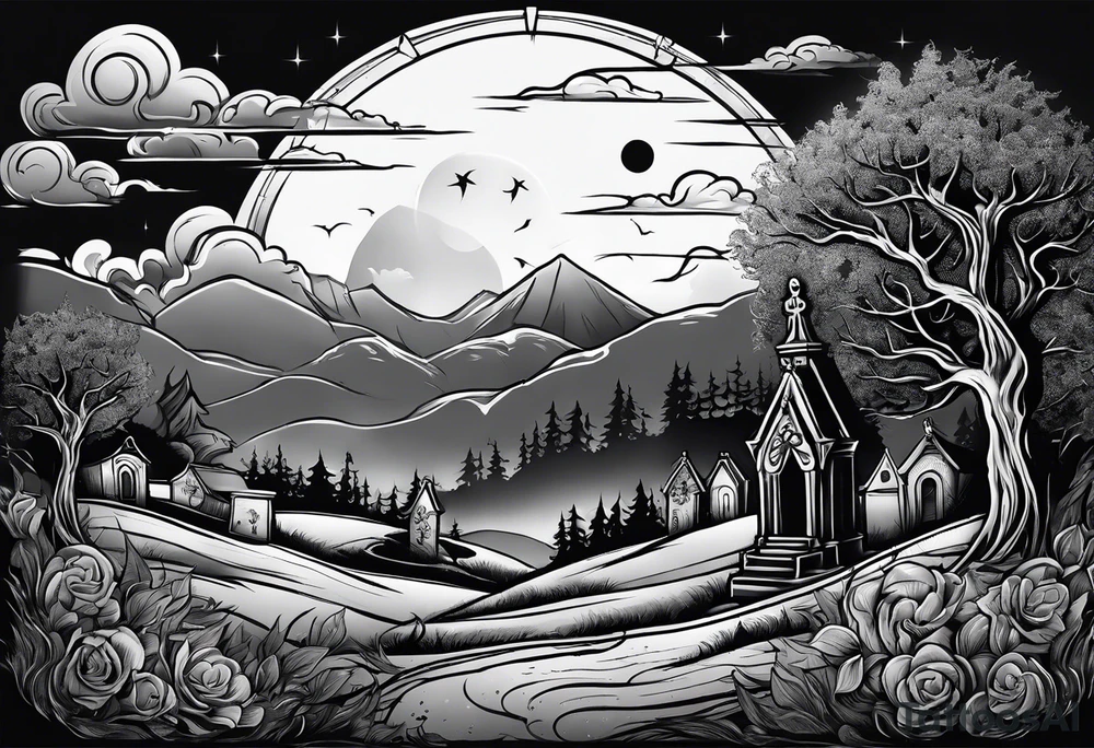 Graveyard with moon and smoke  on hills tattoo idea
