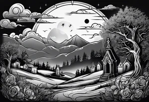 Graveyard with moon and smoke  on hills tattoo idea