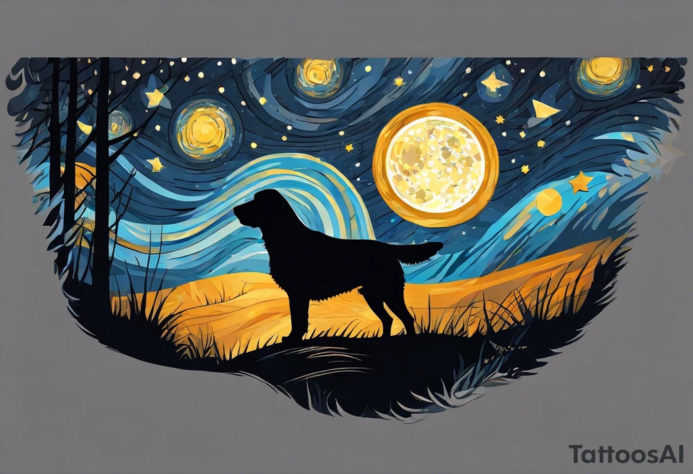 A silhouette of a labrador retriever, a german shephard, a beagle, and an adult human male, looking up at a night sky in the style of Van Gogh Starry Night. Must be narrow and tall to fit on an upper arm. tattoo idea