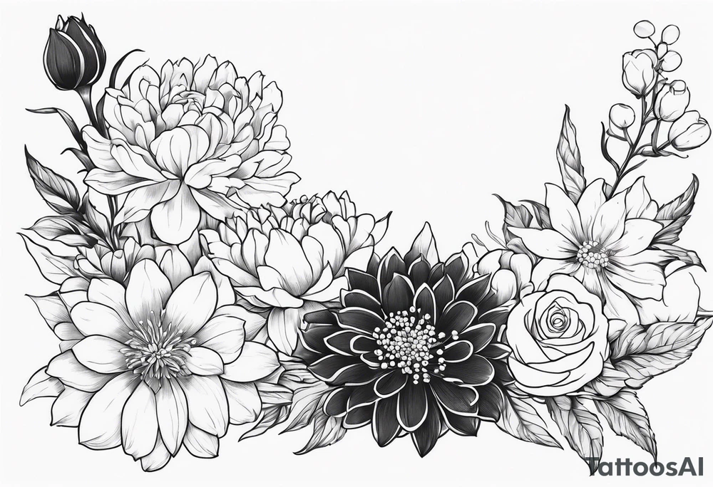 Asters, roses, lily of the valley, and chrysanthemums in a long line tattoo idea