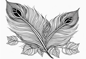 Fineline peacock feather with hibiscus flowers tattoo idea