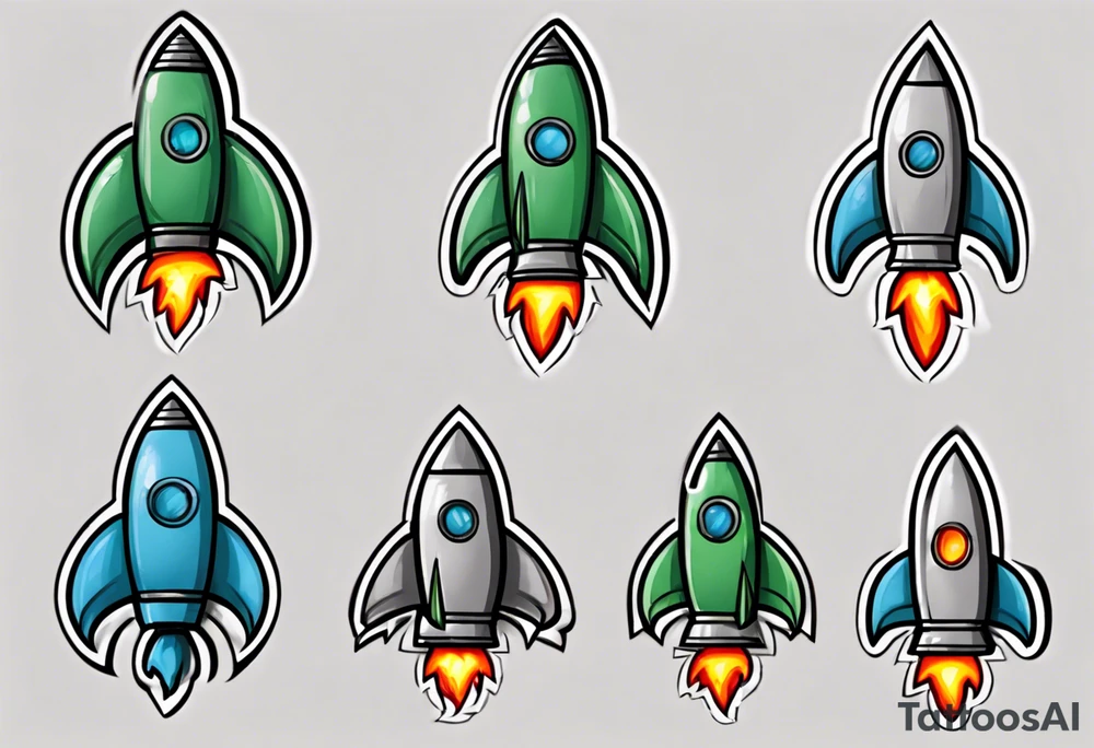 Super simple cartoon rocket ship with a round window, 3 fins, and fire coming out the bottom

Add some shading and detail to make less basic

Use only green, gray, silver, blue. tattoo idea