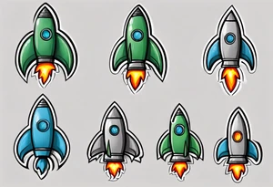 Super simple cartoon rocket ship with a round window, 3 fins, and fire coming out the bottom

Add some shading and detail to make less basic

Use only green, gray, silver, blue. tattoo idea
