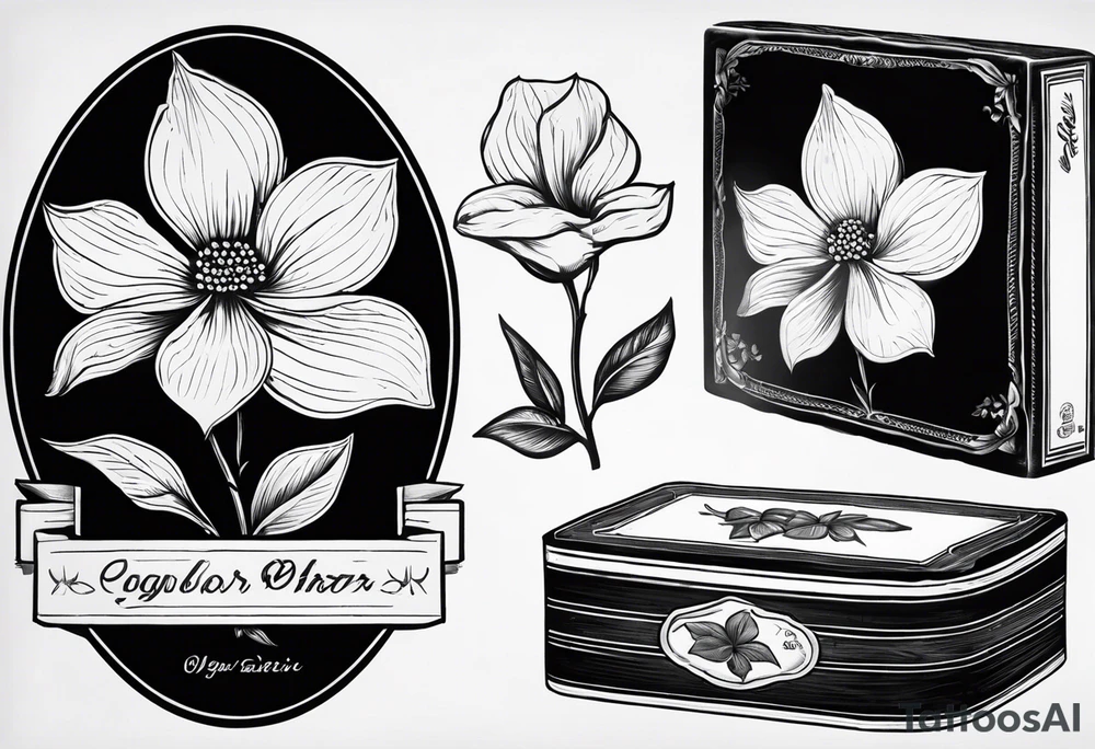 A simple vintage cigar box with a dogwood flower next to it as well as a lit cigar tattoo idea