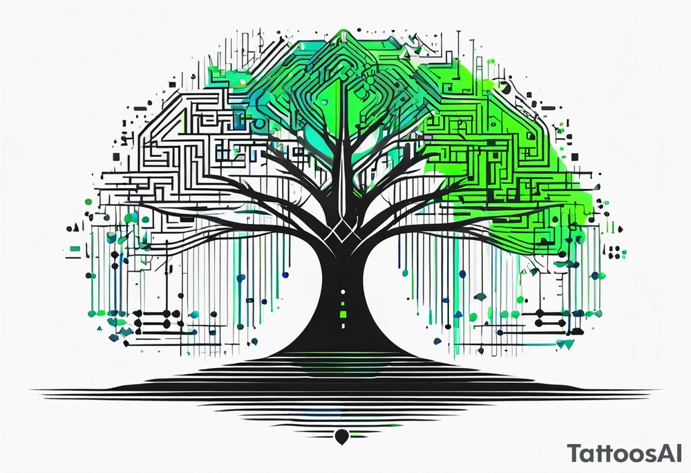 B-tree algorithm with binary code in black, blue and green colors tattoo idea