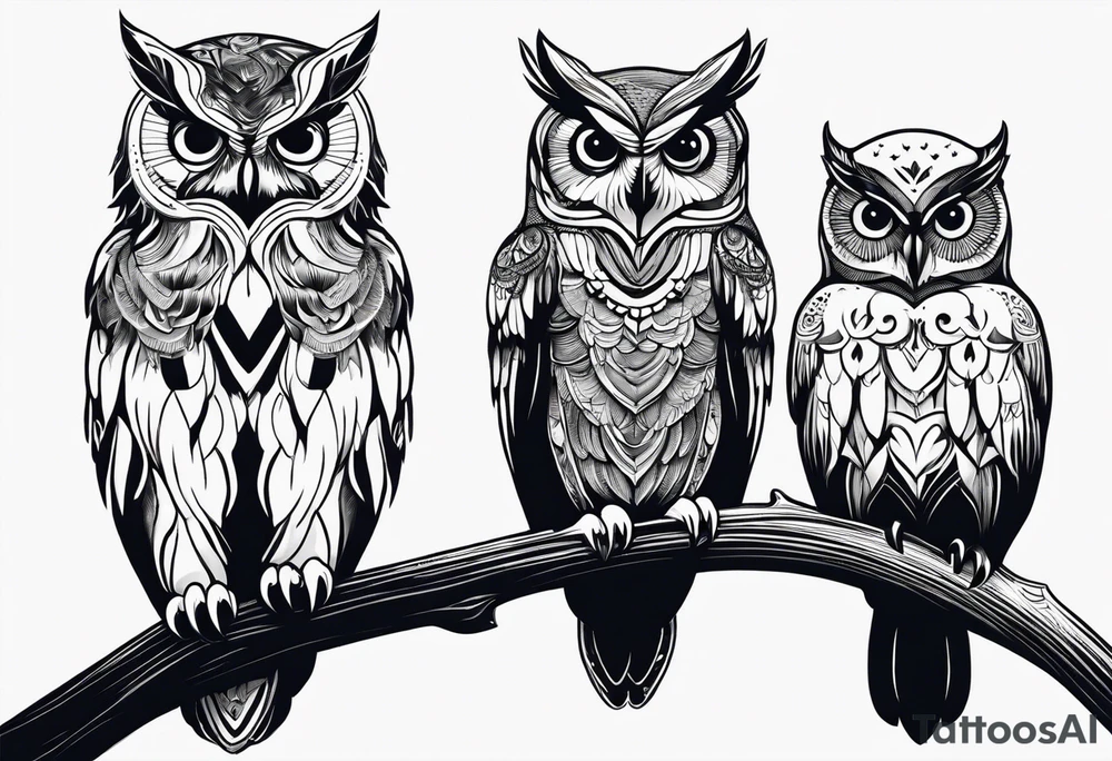 Three owl silhouettes overlapping with branch tattoo idea Three owl silhouettes overlapping with branch tattoo idea