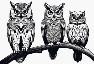 Three owl silhouettes overlapping with branch tattoo idea