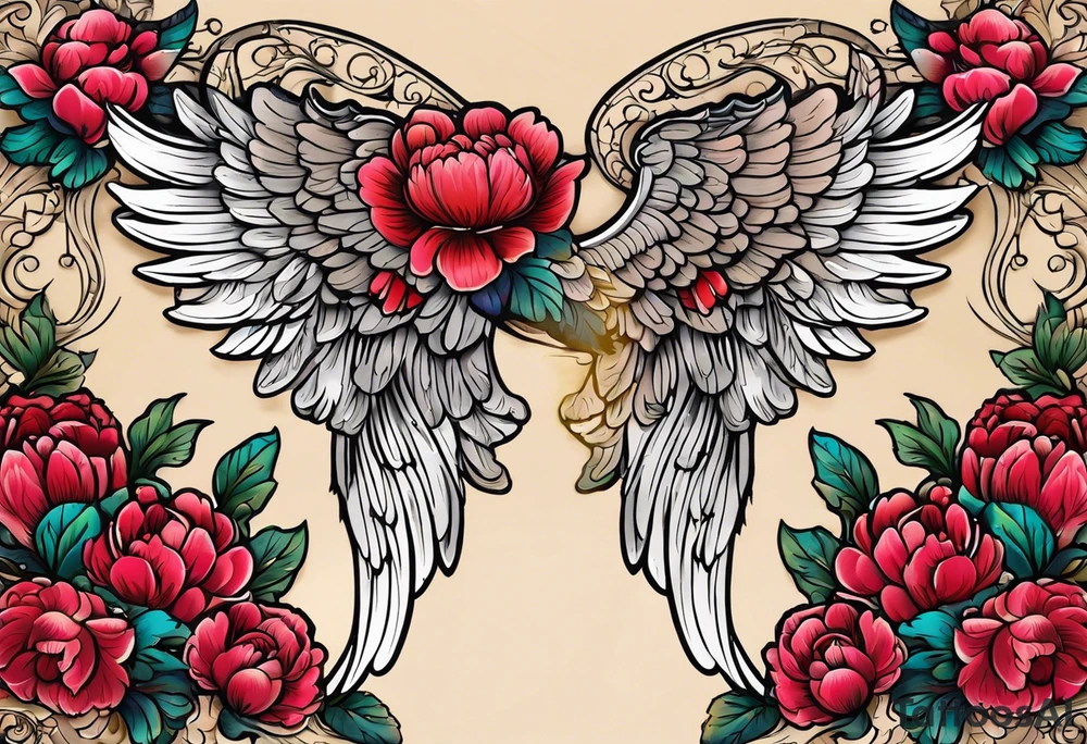 beautiful angel wings with colorful, peonies. beautiful flilligree in the background , full color, traditional old school tattoo idea