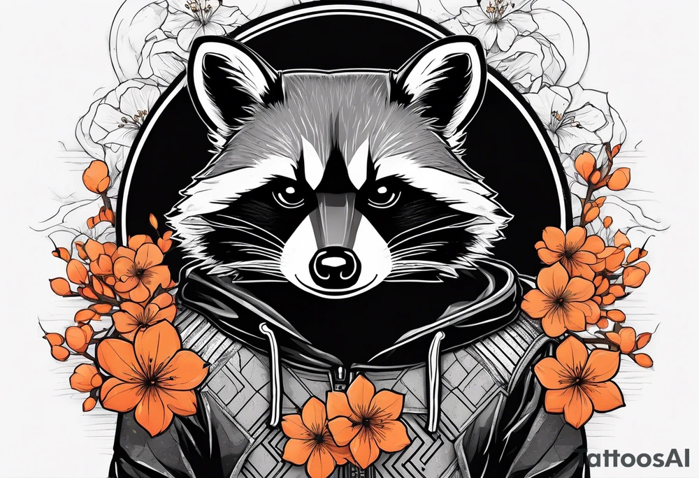 raccoon wearing a black and white Superman hoodie and orange Japanese cherry blossoms tattoo idea