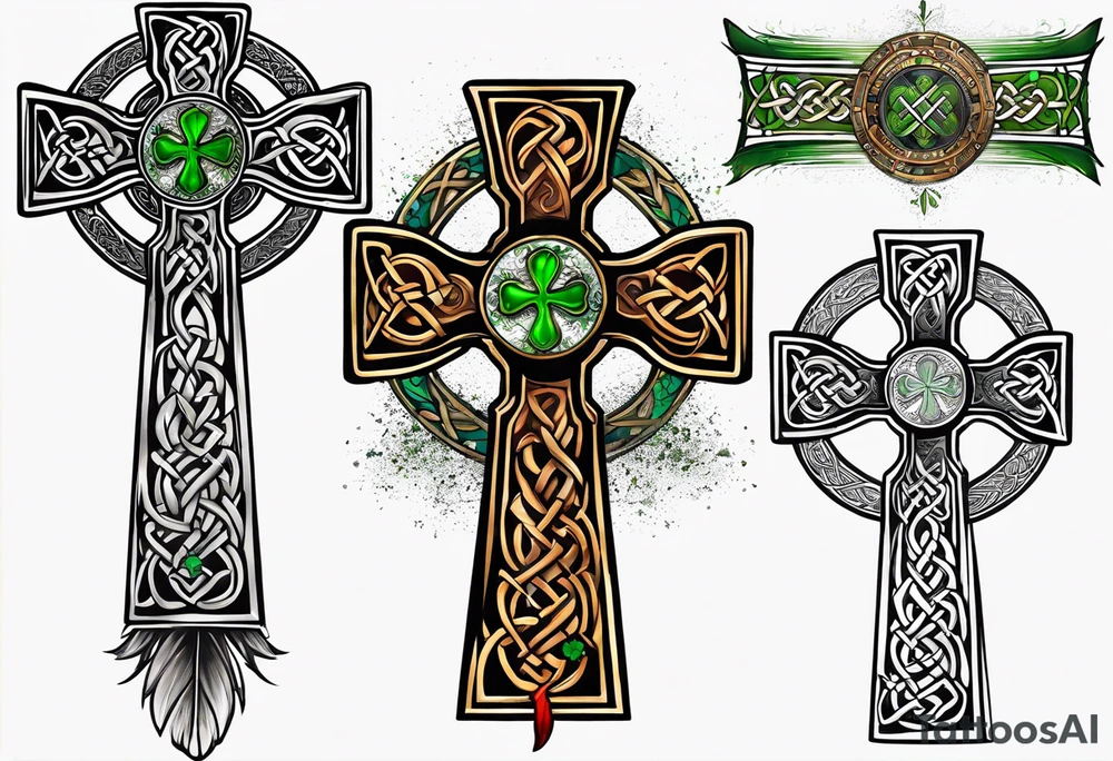 Celtic cross, shamrock in center, one feather hanging from each side of cross tattoo idea