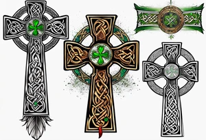 Celtic cross, shamrock in center, one feather hanging from each side of cross tattoo idea