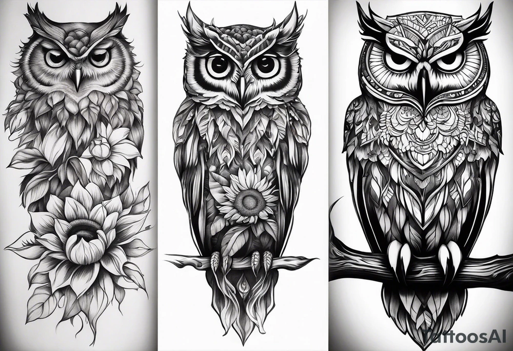 Leg sleeve with colorful sunflowers and an owl tattoo idea
