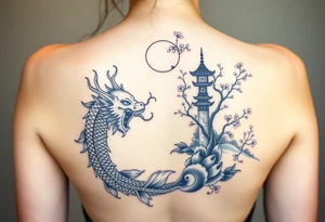 Dragon, coi fish, cherry blossom tree, ying yang, light house, landscape, water full back piece tattoo idea