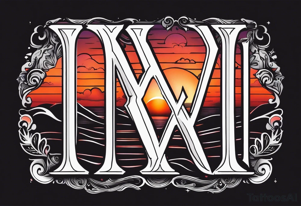 XXII VI MMXXI letters with a sunset background tattoo idea