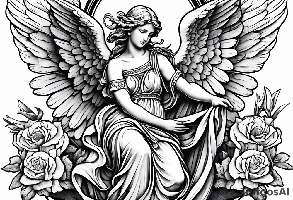 Angel statue stood on a rock with daffodils and roses wrapped around its legs tattoo idea