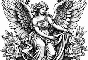 Angel statue stood on a rock with daffodils and roses wrapped around its legs tattoo idea