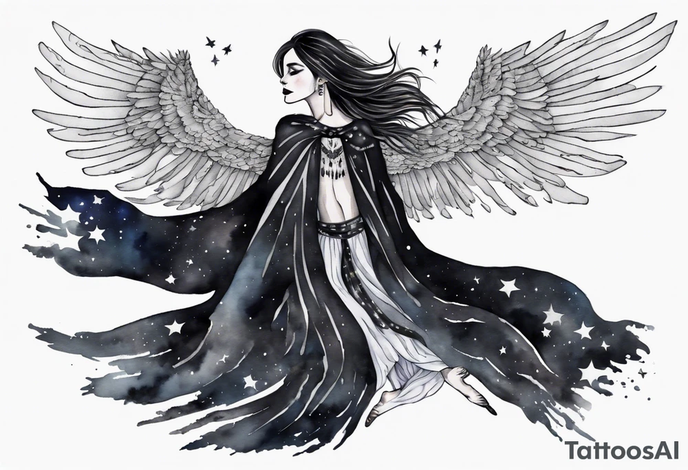 a beautiful 45 year old Dakota woman flying in the night sky with black wings, wearing a black and white cloak, bare feet tattoo idea