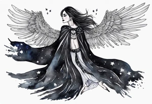 a beautiful 45 year old Dakota woman flying in the night sky with black wings, wearing a black and white cloak, bare feet tattoo idea
