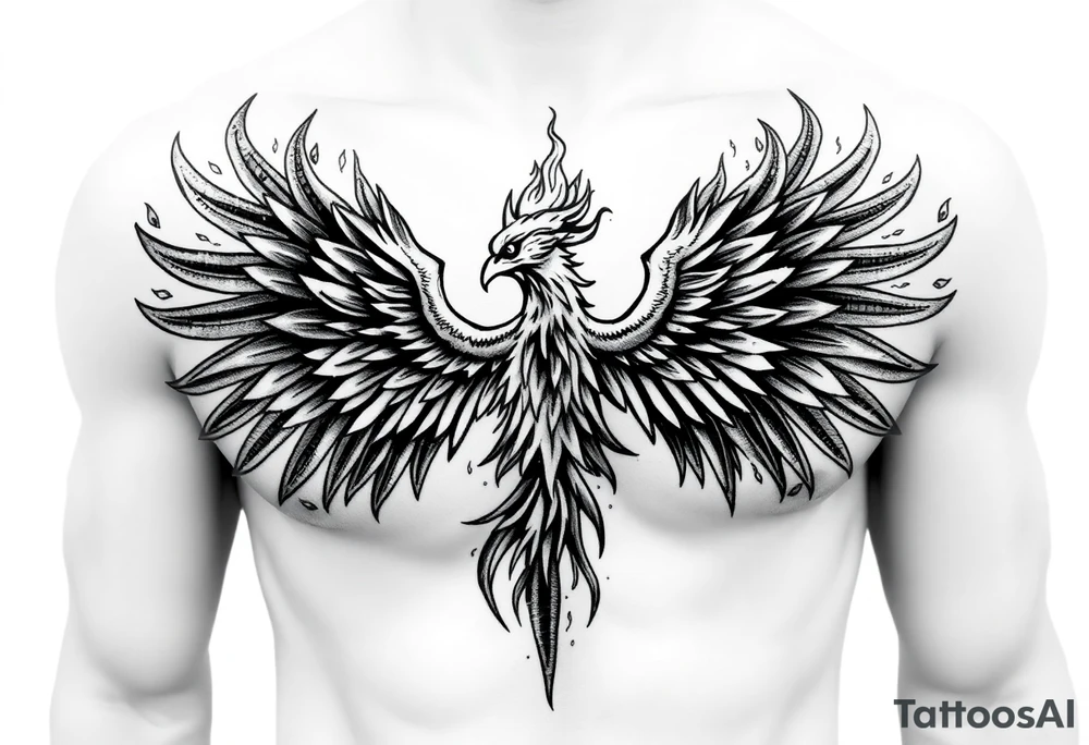 Realistic and symmetrical flaming Phoenix rebirth with spread low wings mapped onto chest
Phoneix head must be straight and symmetrical 
Fire should be surrounding spread wings
Wings should be spread low only on chest muscle tattoo idea