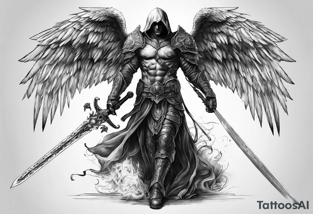 realistic full body of man angel of death, without face, with armour, holding sword in right hand tattoo idea