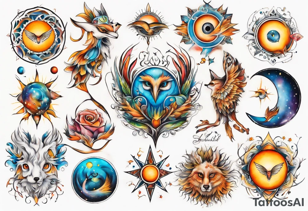 fisch, fuchs und eule , symetrie  sonne, universum, bunt, " sapere aude" tattoo idea